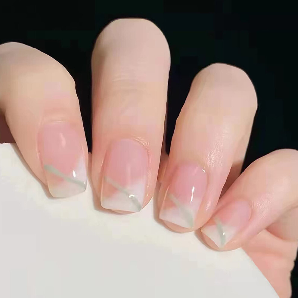 Pink Press On Nails Short French Square Glossy Fake Nails With Adhesive Tabs Reusable 24Pcs Set