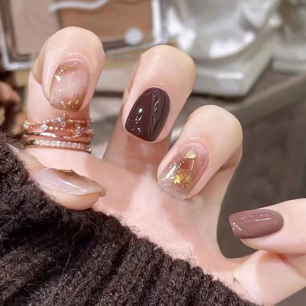 Gold 24Pcs Brown Short Square Press On Nails With Glitter, Reusable Glossy Fake Nails Set
