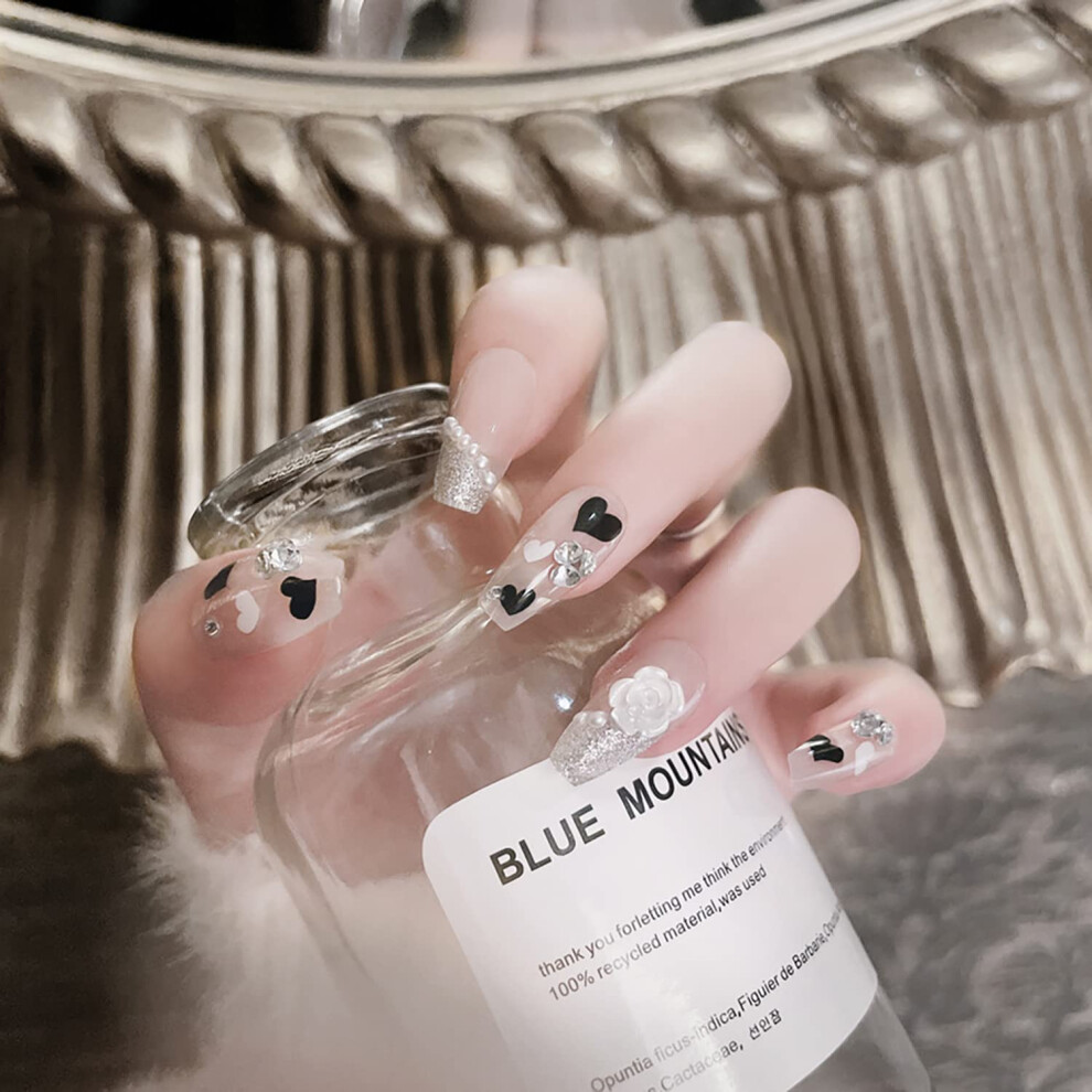 24Pcs Coffin Press on Nails Set Valentine Fake Nails with Diamonds and Pearls, Durable Glossy Finish