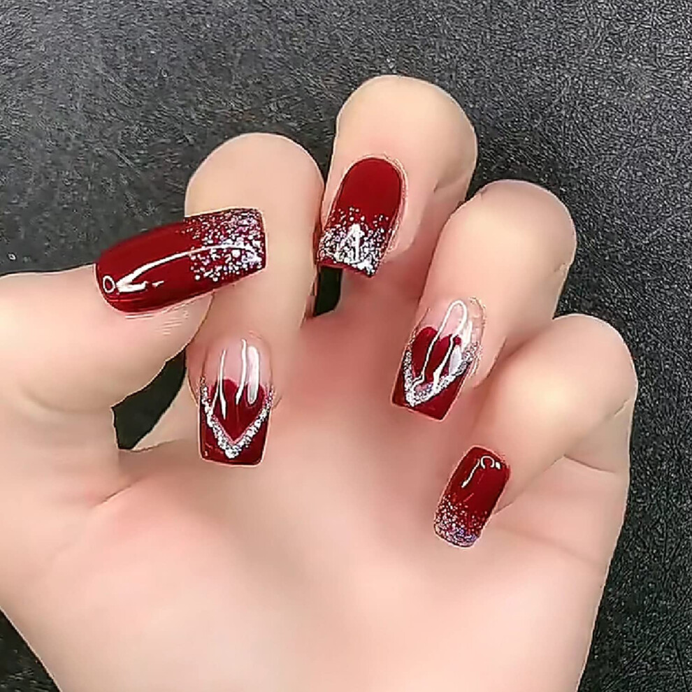 Valentine's Day Press On Nails Short Square Red Heart Fake Nails with Glitter Acrylic Design