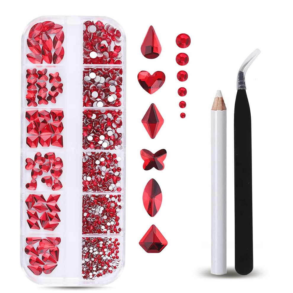 Red Nail Art Rhinestones Kit With Tweezers And Pen, 810Pcs Flatback Crystal Gems In Storage Box