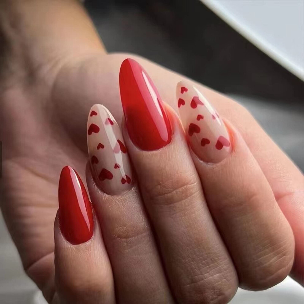 Red Medium Almond Press On Nails Heart Design Glossy Acrylic Fake Nails 24Pcs For Romantic Look