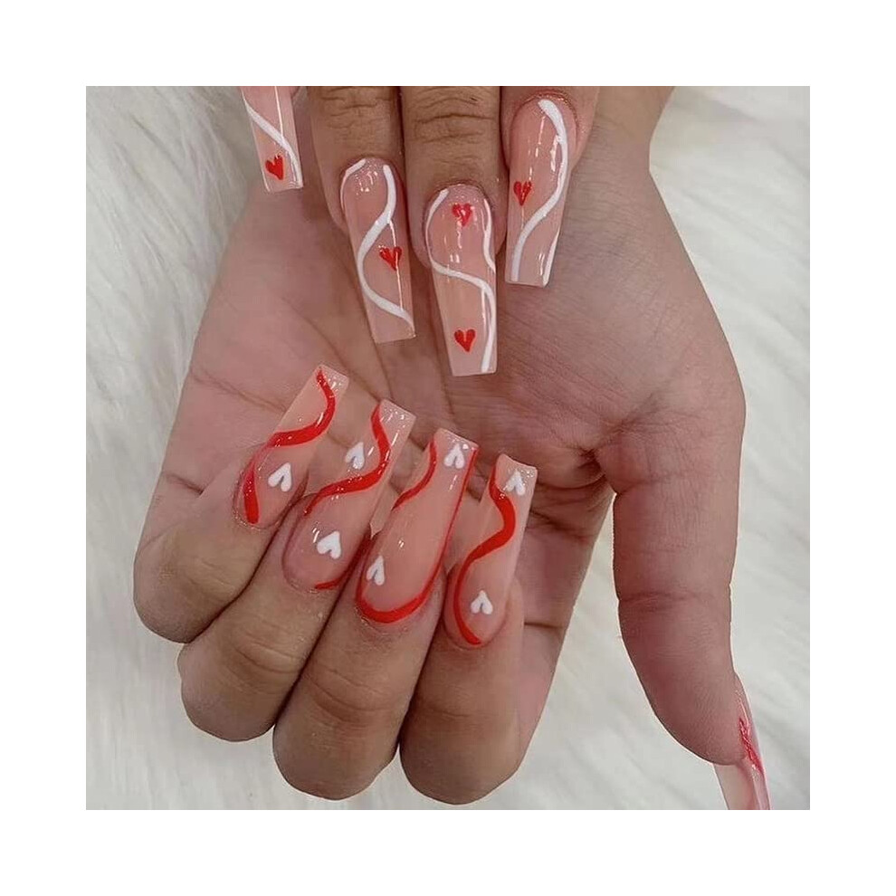 24pcs Valentines Press on Nails with Glue, Heart Coffin Matte Full Cover False Nail Tips