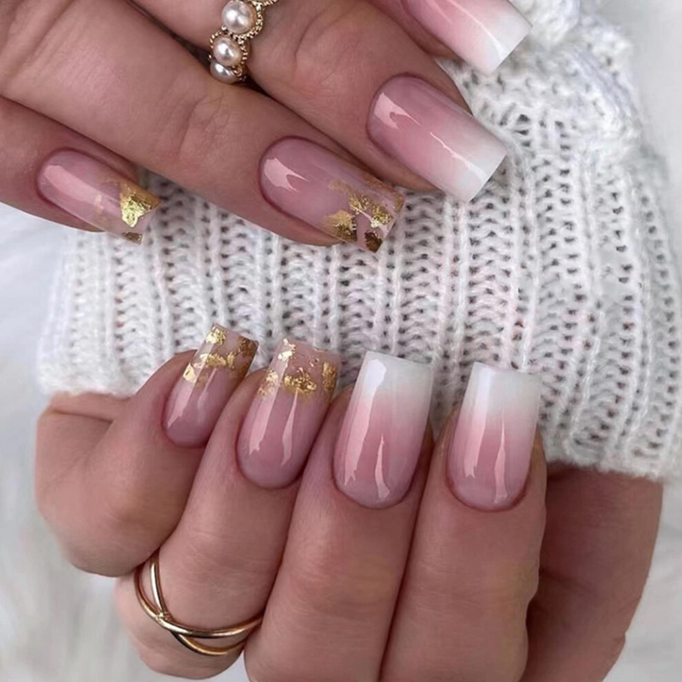 Pink,Gold Gradient Pink Press On Nails Short Square Fake Nails With Gold Glitter, 24Pcs Glossy Acrylic Set