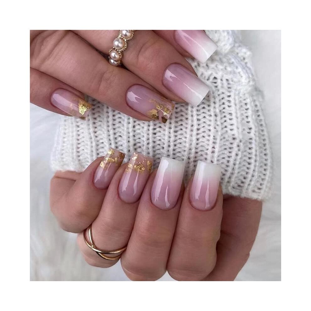 Pink Short Gradient Glitter Press On Nails, Glossy Full Cover Fake Nails Set 24Pcs For Women