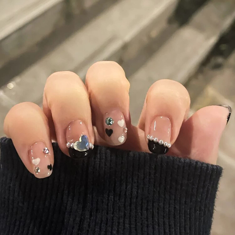 Short French Tip Press On Nails with Heart and Rhinestones, Reusable Acrylic Fake Nails for Women