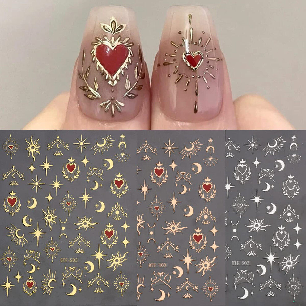 Nail Art Stickers Gold Heart Self Adhesive 3D Nail Decals Celestial Valentine's Day Design