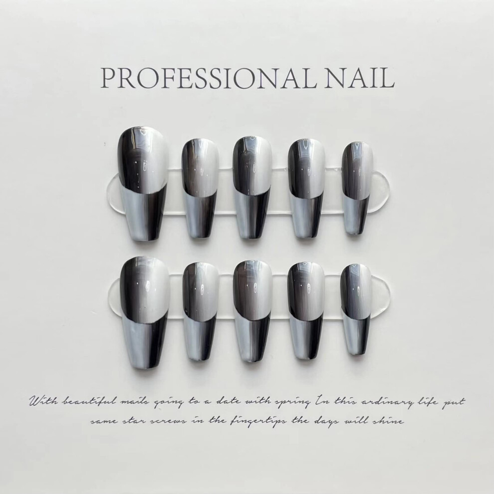 French Gradient Press On Nails Long Coffin Rhinestone Design Handmade Real Gel Glue On Nails