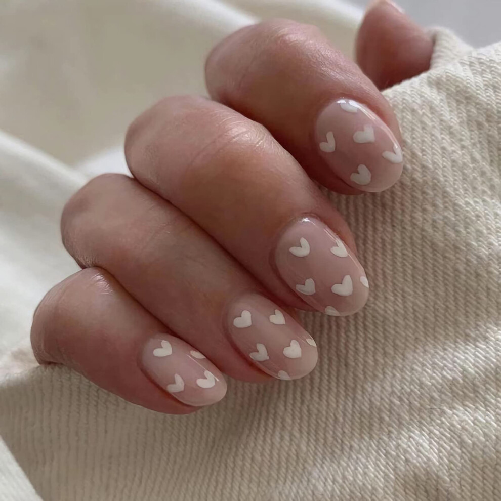 White Short Almond Press On Nails With Heart Design For Valentines Day, 24Pcs Reusable Fake Nails