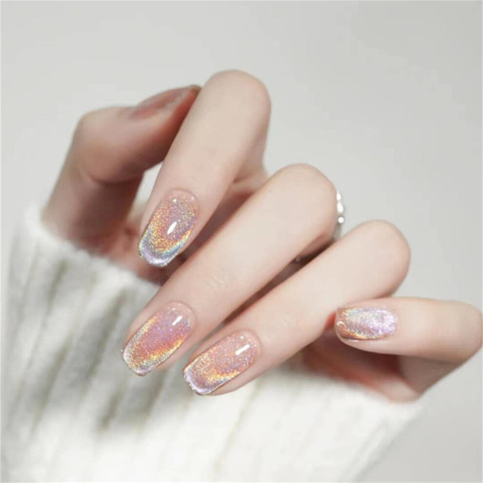 Medium Length Press On Nails 24pcs Rainbow Glow Fake Nails Reusable Custom Fit Salon Look Kit
