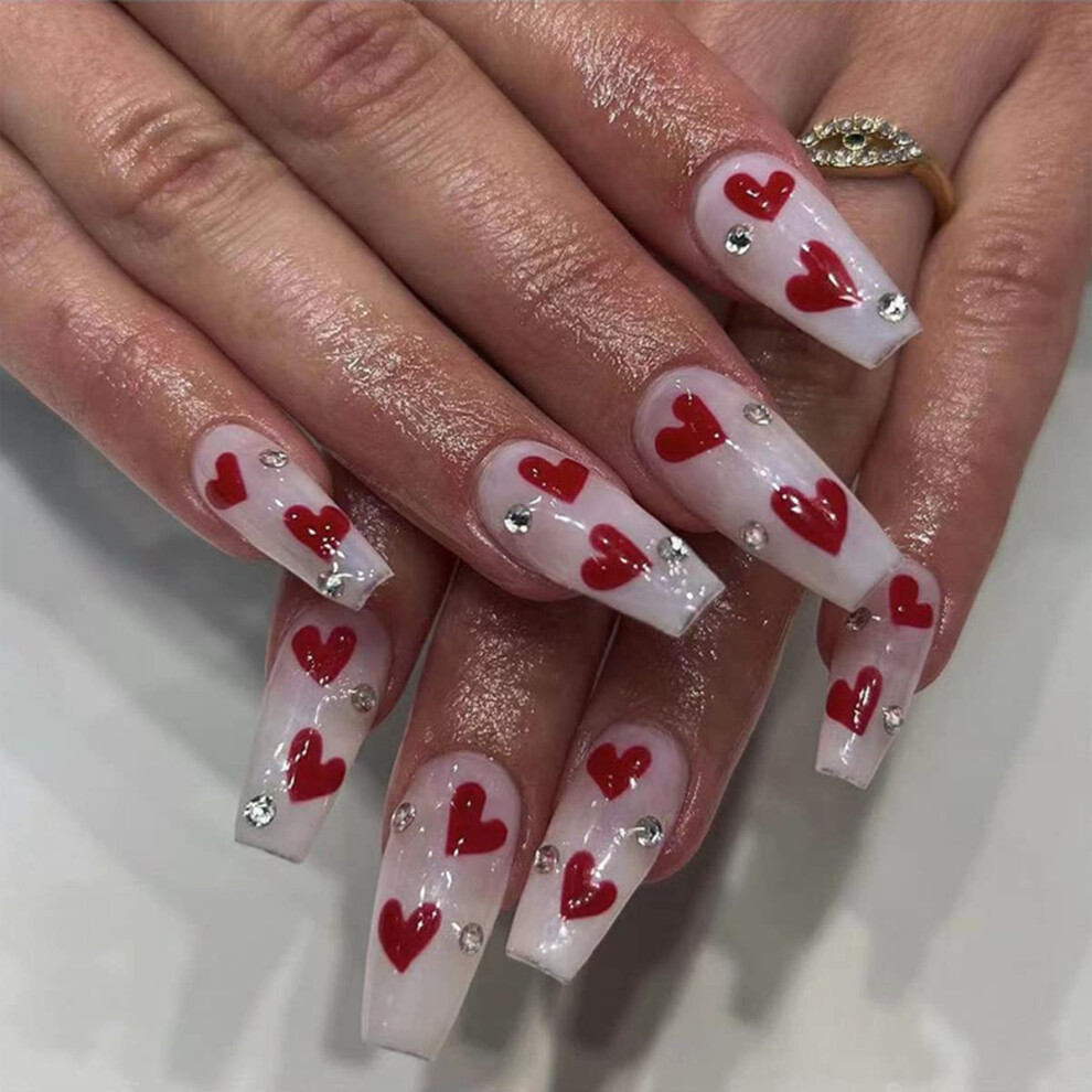Red Valentine's Day Press On Nails With Rhinestones And Heart Designs, Coffin Shape, 24Pcs Reusable Set