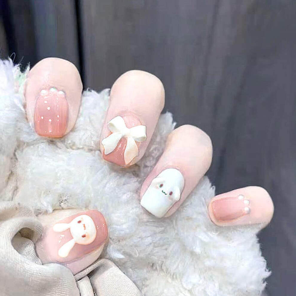 Pink Short Easter Bunny Press On Nails With Glue, 24Pcs Cute Coffin Fake Nails Set