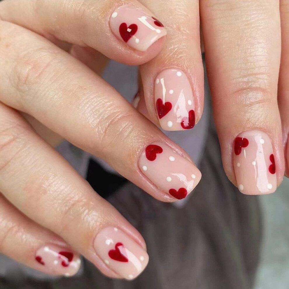 Press on Nails Short Square Glossy Heart Fake Nails for Women ReadytoWear Manicure 24Pcs