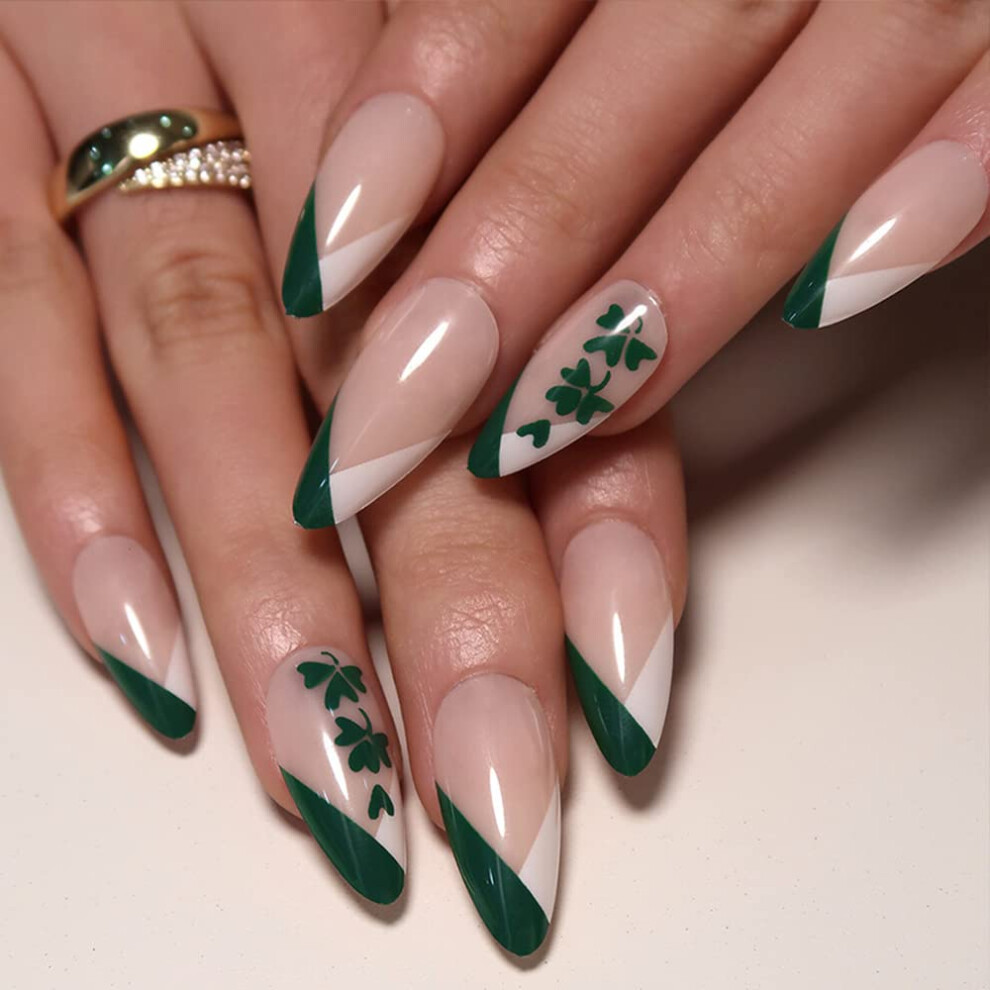 Green St Patrick's Day Press On Nails Short Almond French Tips Clover Fake Nails 24Pcs Reusable