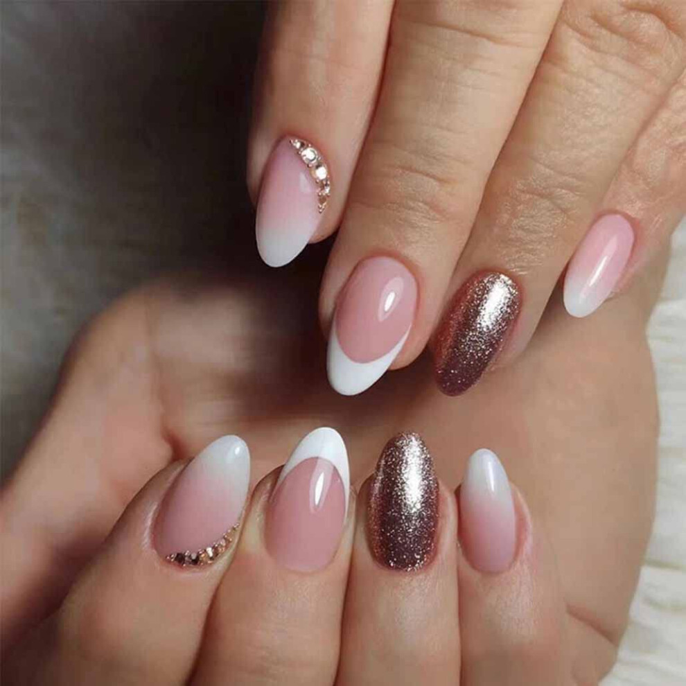 Pink Gradient Almond Shape Press On Nails, Glossy French Acrylic Fake Nails With Glue Stickers 24Pcs