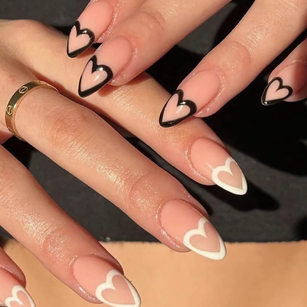 Almond Press On Nails Medium Stiletto Fake Nails with Glue Heart French Tip Valentines Day 24Pcs