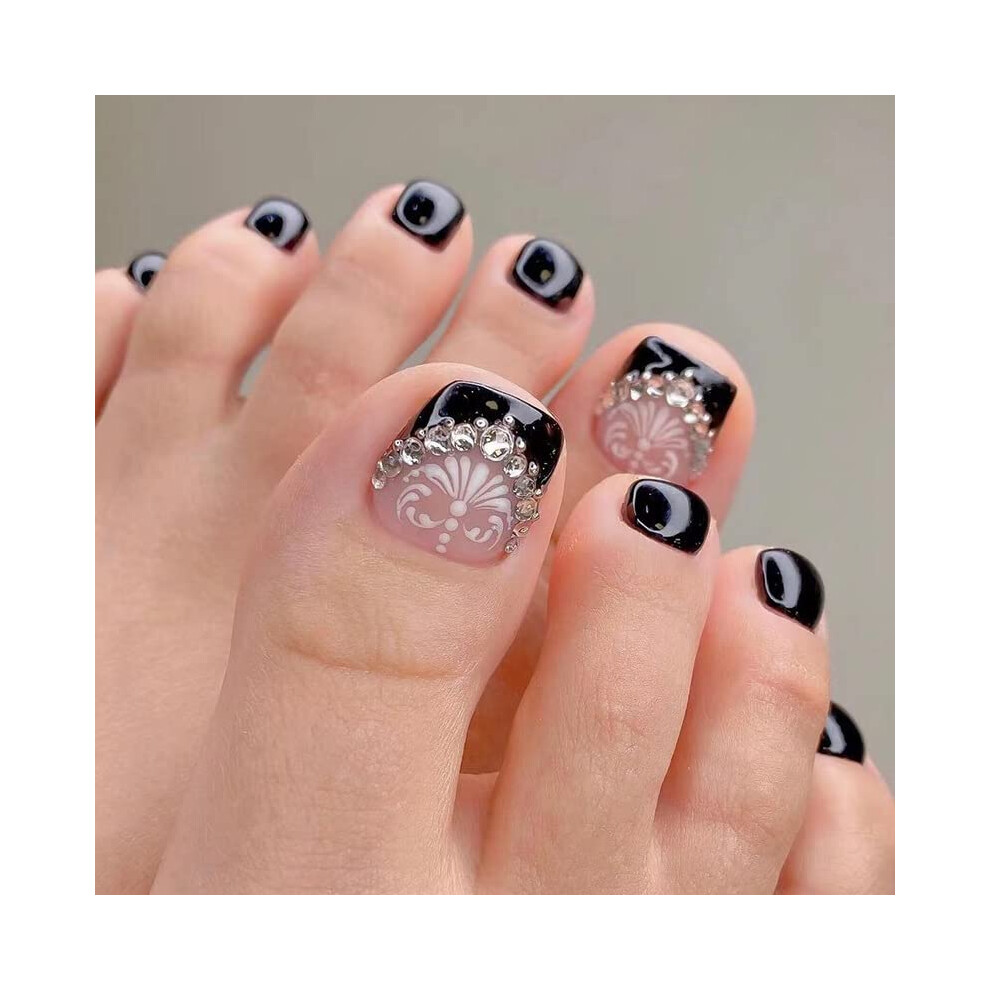 Pink,Black,Cream Press On Toenails With Rhinestones, Black And Nude Pink Fake Toenails, 24Pcs Glueon Pedicure Set