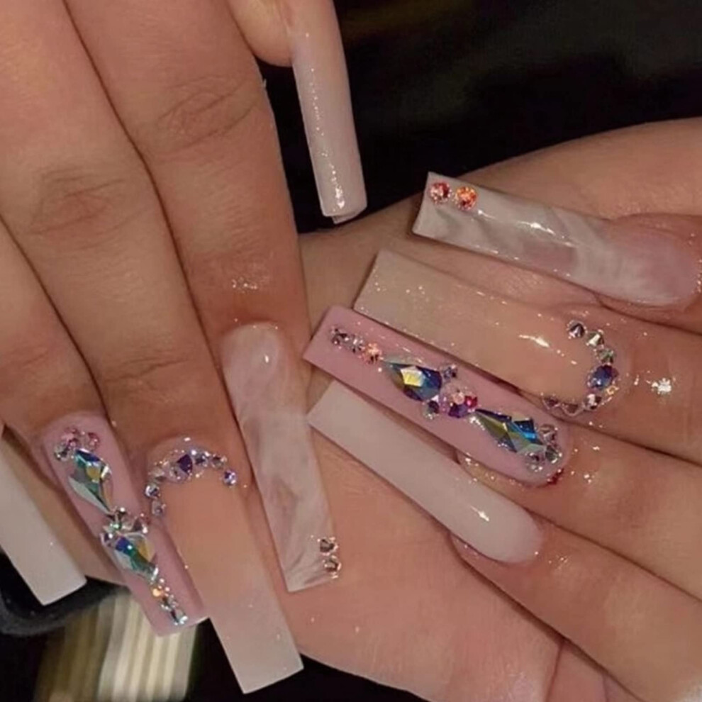 Pink Long Coffin Press On Nails With Rhinestones Glossy Ballerina Fake Acrylic Nails Set 24Pcs