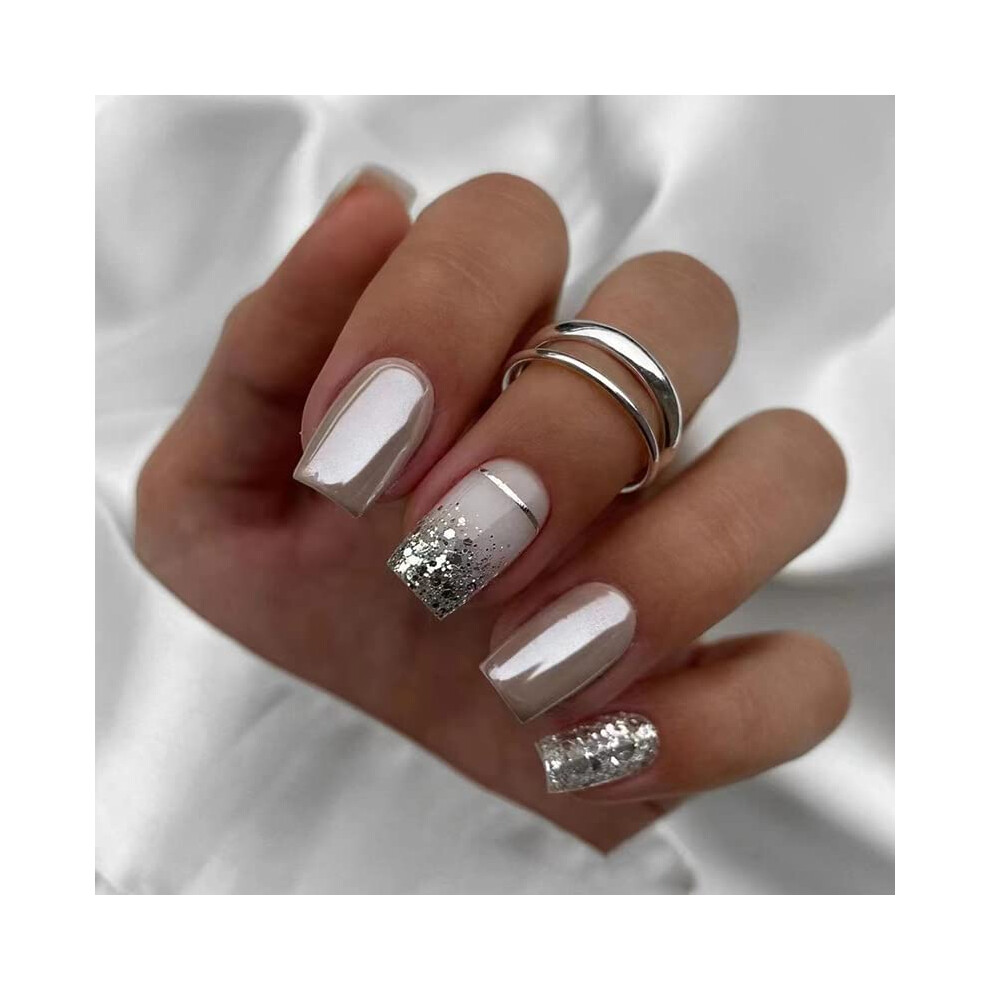 24pcs Short Square Silvery Glitter Press On Nails Set with Glue, Reusable False Nails Kit