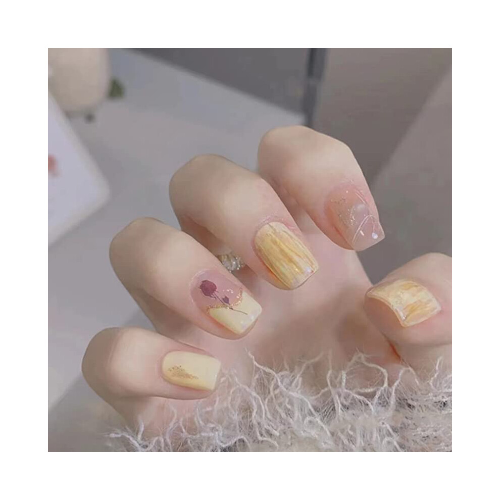 Yellow Floral Glitter Press On Nails Short Squoval Fake Nails Instant Salon Manicure for Women
