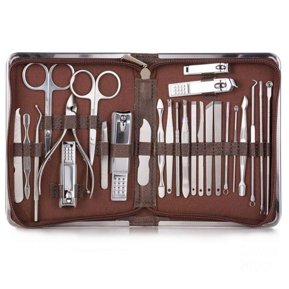 Brown Professional Manicure Set 26Pcs Stainless Steel Nail Clippers Kit With Cuticle Nipper Travel Grooming Tools
