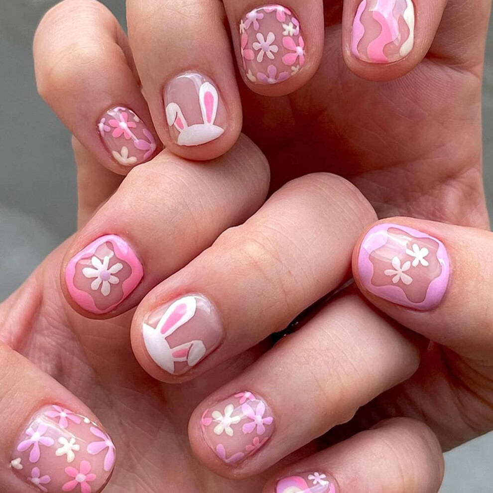 Easter Press On Nails Set Short Square Bunny Fake Nails with Cute Rabbit Art Decorations 24pcs