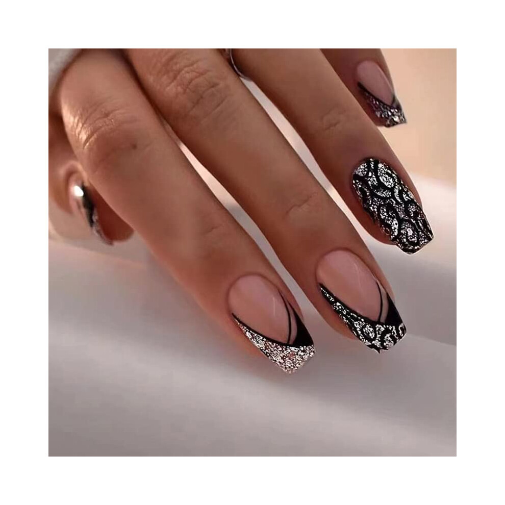 Black Glitter Coffin Press On Nails Set With Glue, Square Reusable Tips For Instant Salon Look