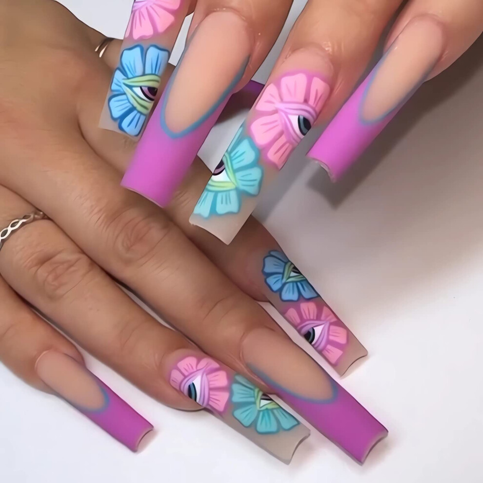 Long Coffin Press On Nails Set Sunflower Design Glossy Acrylic Reusable Coffin Fake Nails 24PCS