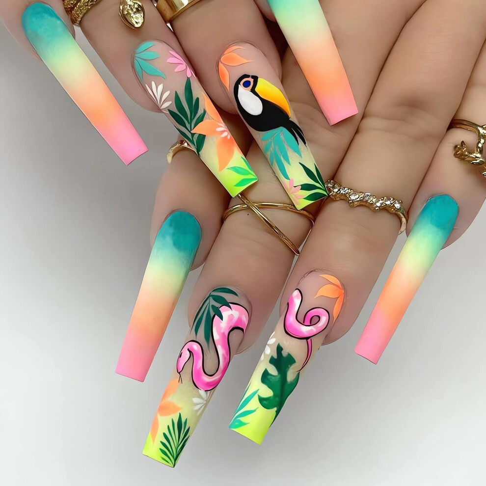 Green Long Coffin Press On Nails Glossy Leaf Bird Design 24Pcs Acrylic Fake Nails Reusable Set