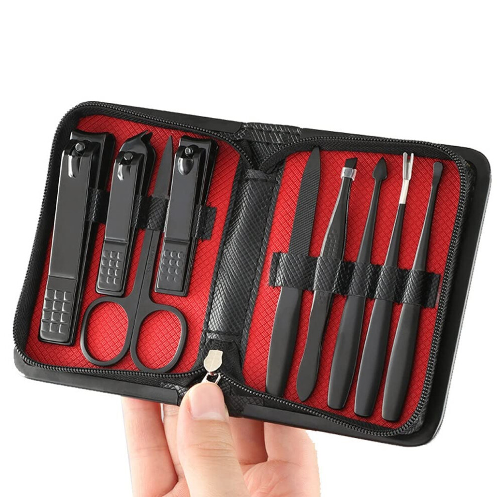 Nail Clippers Set Stainless Steel 9Piece Manicure Pedicure Kit Black Compact Grooming for Travel
