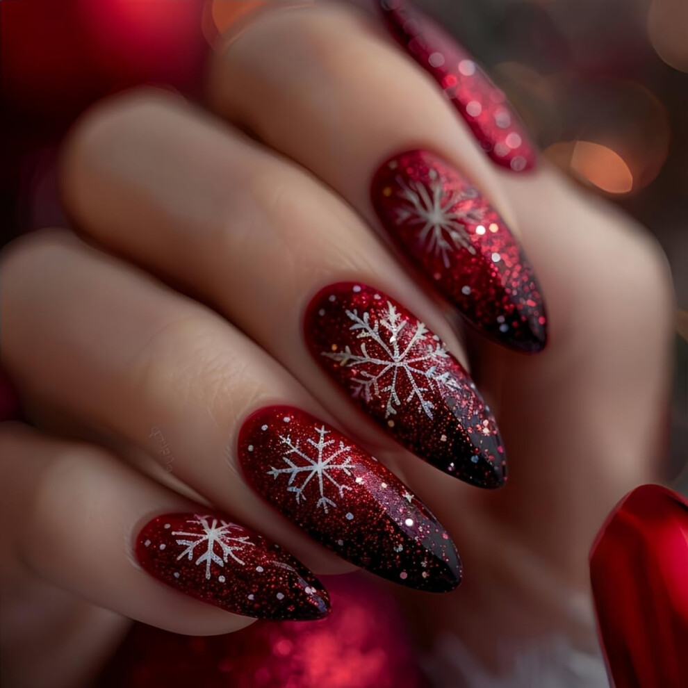 Red Christmas Press On Nails Medium Almond Acrylic Glue On Set With Glitter Snowflake Design 24Pcs