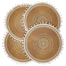 Round Placemats Set of 4,Boho Woven Table Mats with Pompom Tassel for Dining Room Kitchen Table Decor(White )
