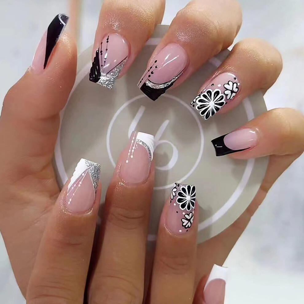 24Pcs Short Square French Tip Press On Nails with Glitter Floral Accents, Reusable Full Cover Set