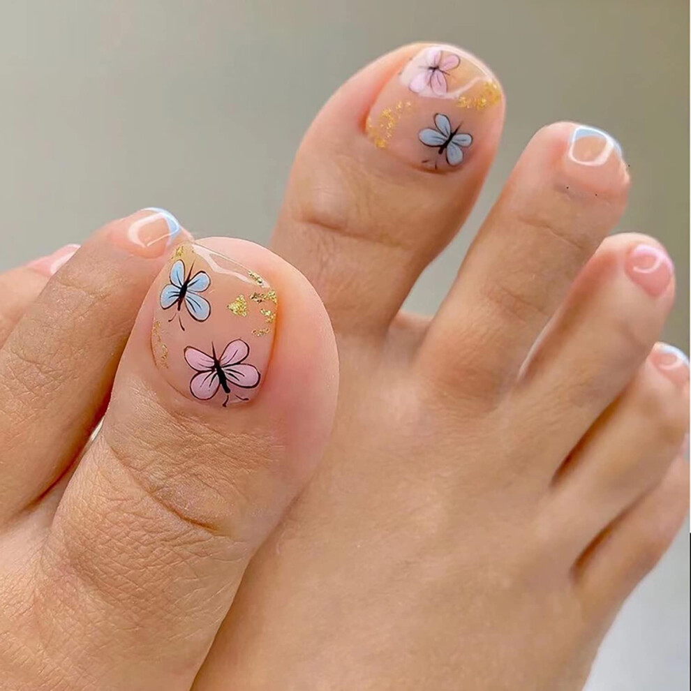 Press On Toenails Short Square Nude Pink with Gold Glitter Butterfly Design, Glossy Reusable Acrylic Fake Toenails for Women 24pcs