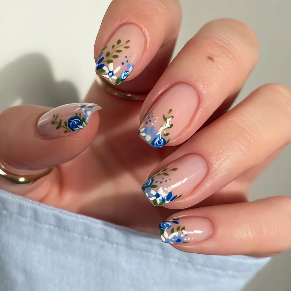 Blue 24Pcs Short Square Press On Nails Flower Fake Nails Reusable Glue On Nails For Women