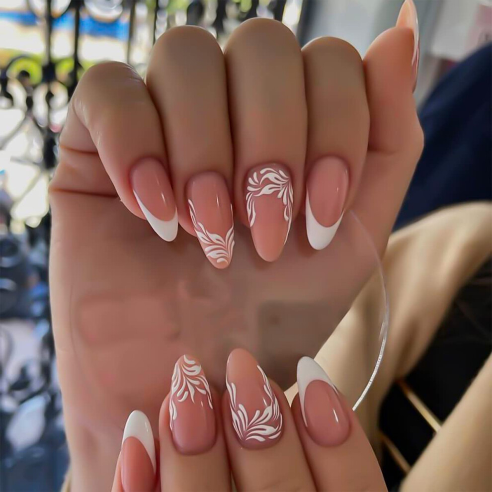 Almond Shaped Nude Press On Nails with White Leaf Design, Medium Length Acrylic Fake Nails 24pcs
