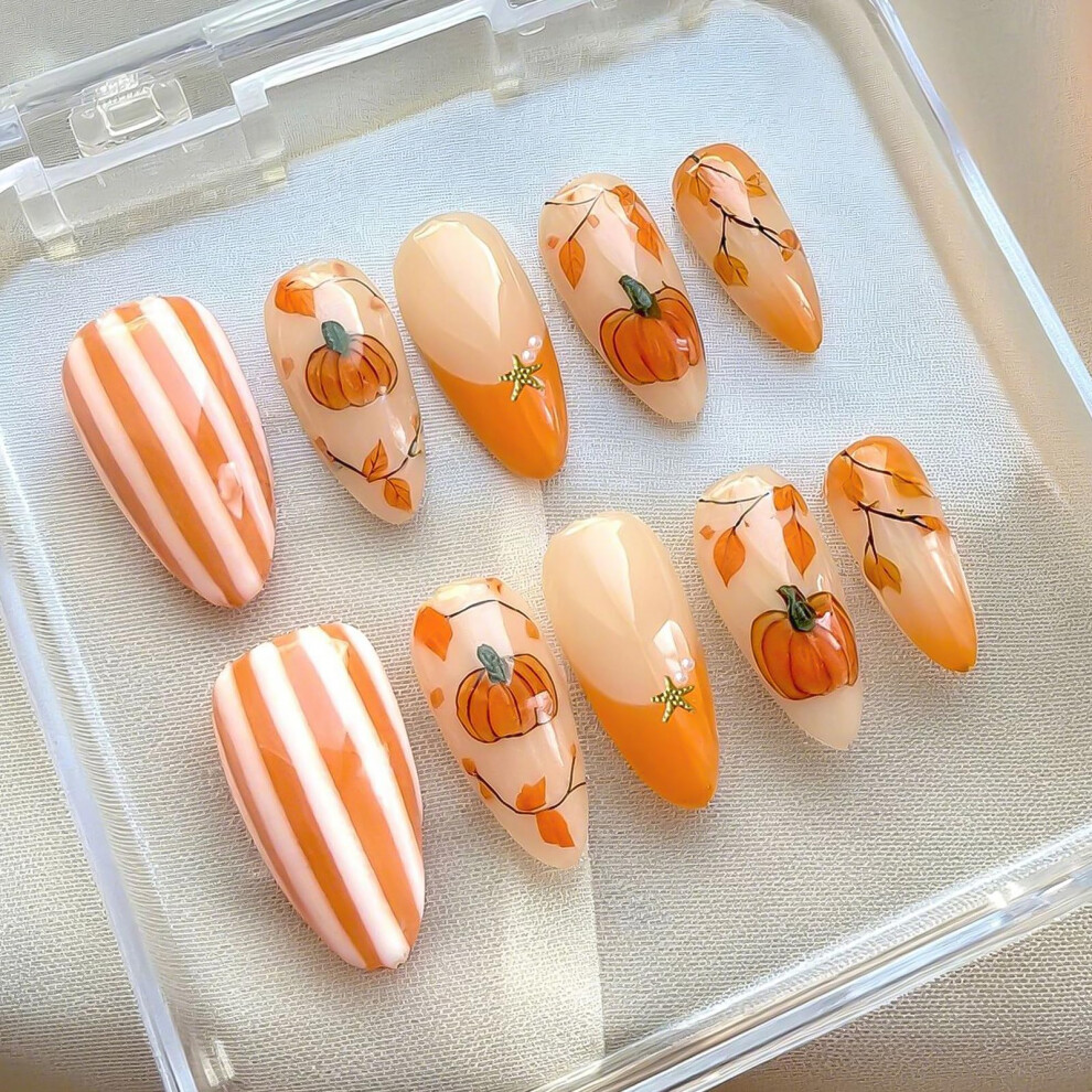 Fall Medium Almond Press On Nails French Tip Fake Nails with Maple Leaves Pumpkins Full Cover Acrylic 30pcs