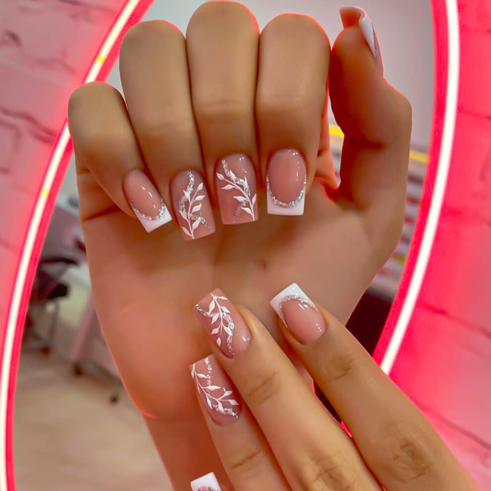 French Tip Press On Nails Square Acrylic Fake Nails Medium Length Glitter Design 24Piece Set