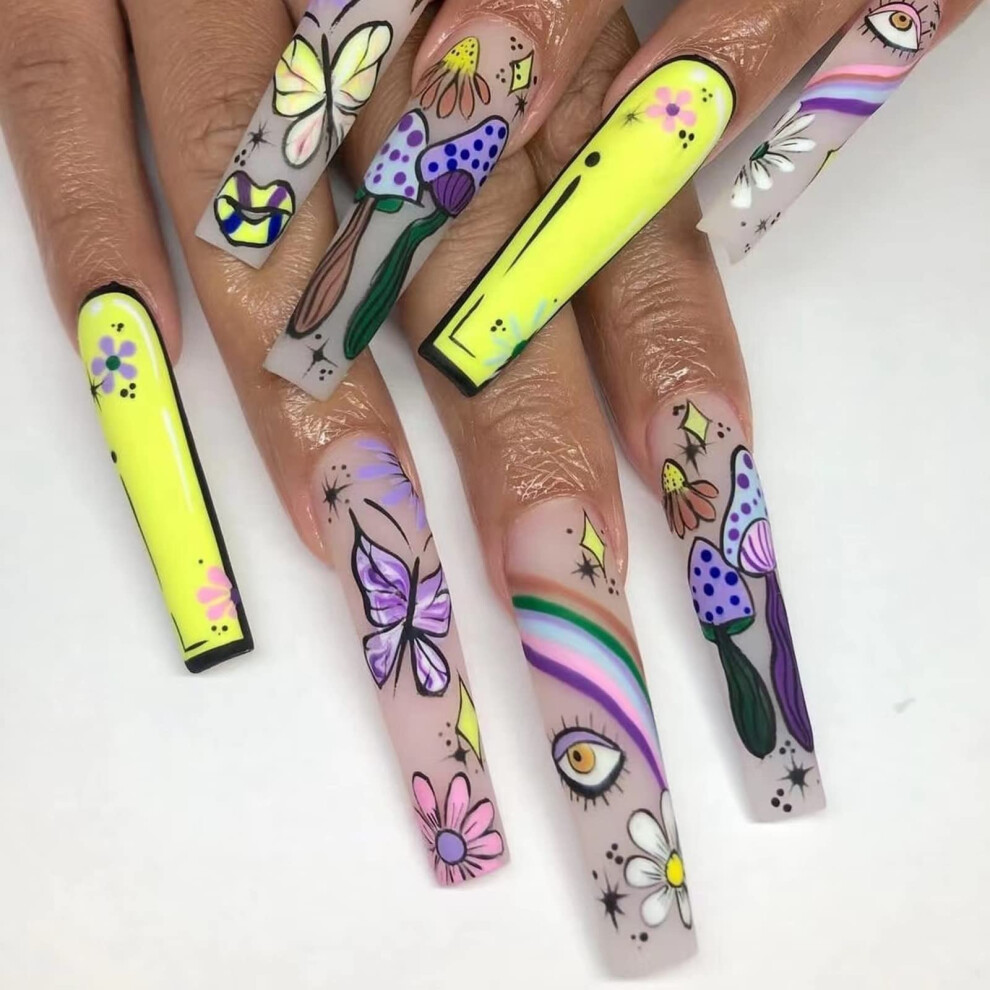 Extra Long Coffin Press on Nails with Butterfly and Rainbow Design, Reusable Glue on Fake Nails