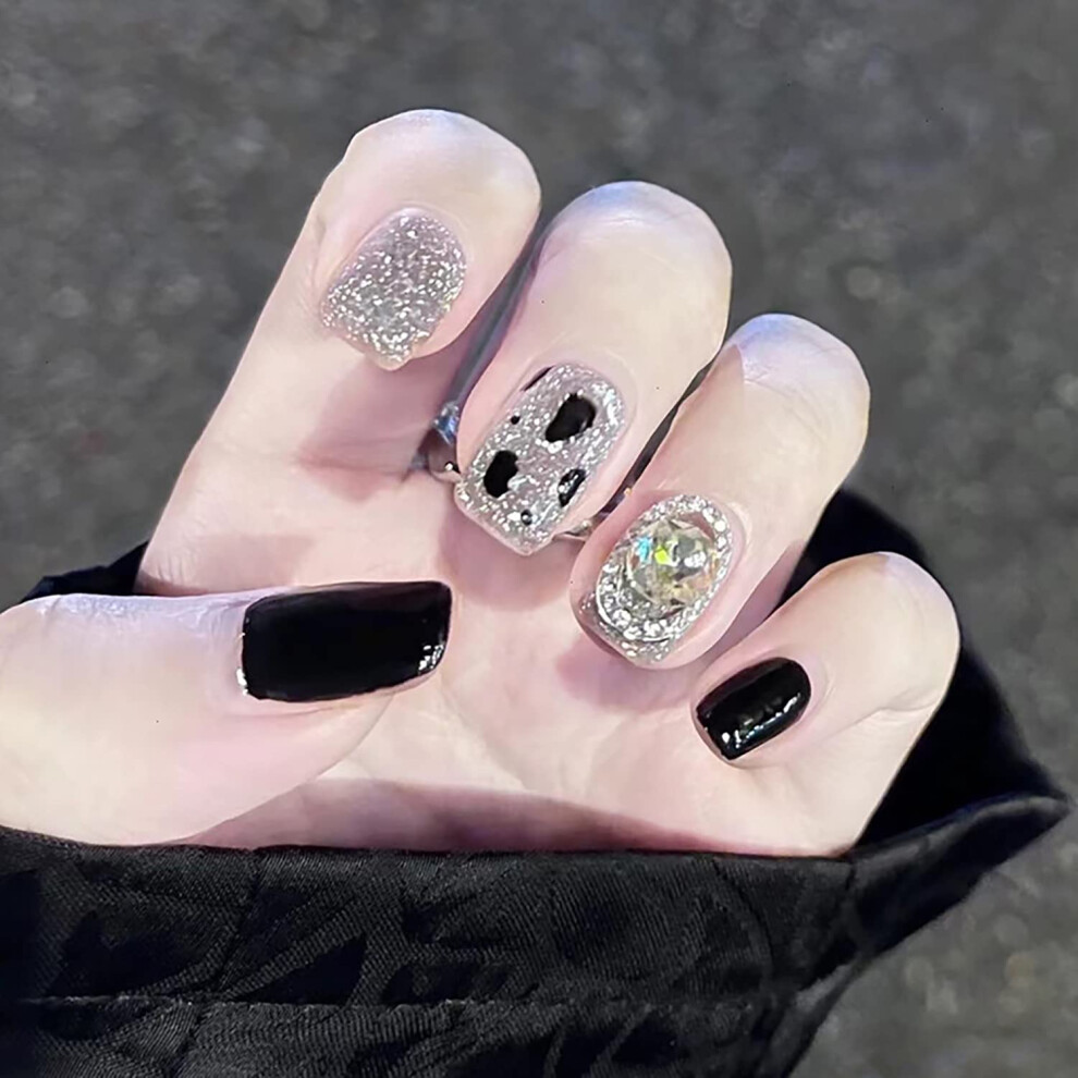 Reusable Press on Nails Kit Short Square Leopard Design with Glue, 24pcs Fake Nails for Women