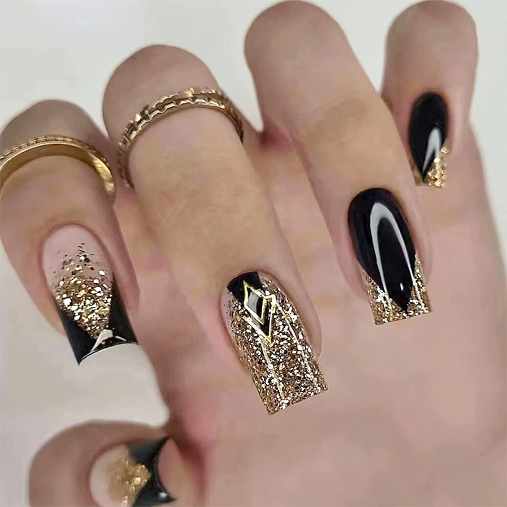 Black Press On Nails French Tip False Nails with Gold Glitter Medium Square Glossy Glue On Nails
