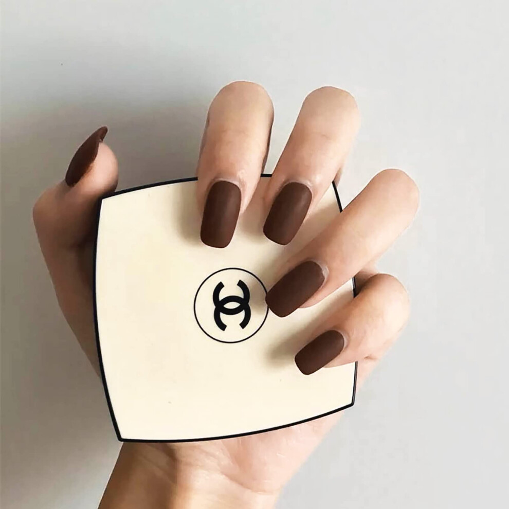 Brown Medium Coffin Press On Nails Frosted Acrylic Reusable Full Cover Fake Nails 24Pcs For Women