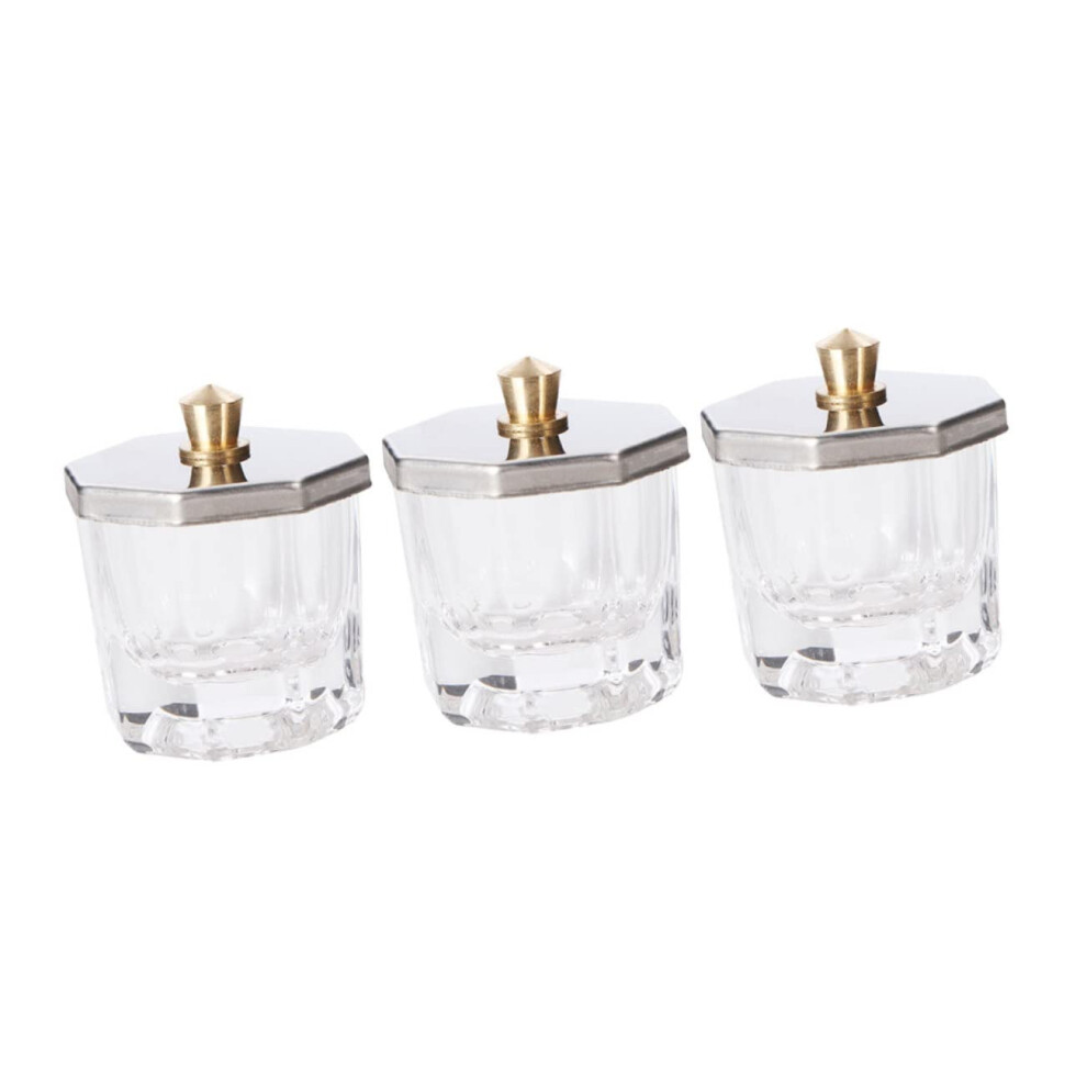3pcs Glass Nail Dappen Dish with Lid Octagonal Wide Mouth for Acrylic Liquid and Powder