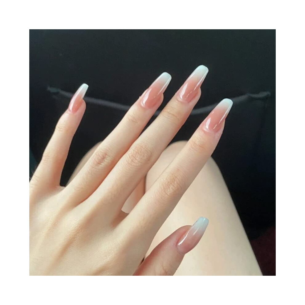 Cream Nude Gradient Coffin Press On Nails With Rhinestones Full Cover Acrylic False Nails 24Pcs