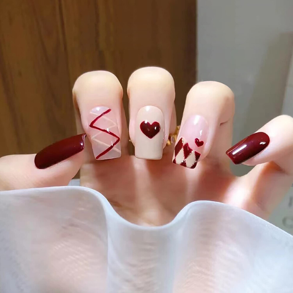 Red Press On Nails Short Square With Glue Heart Coffin Fake Nails Reusable Acrylic False Nails
