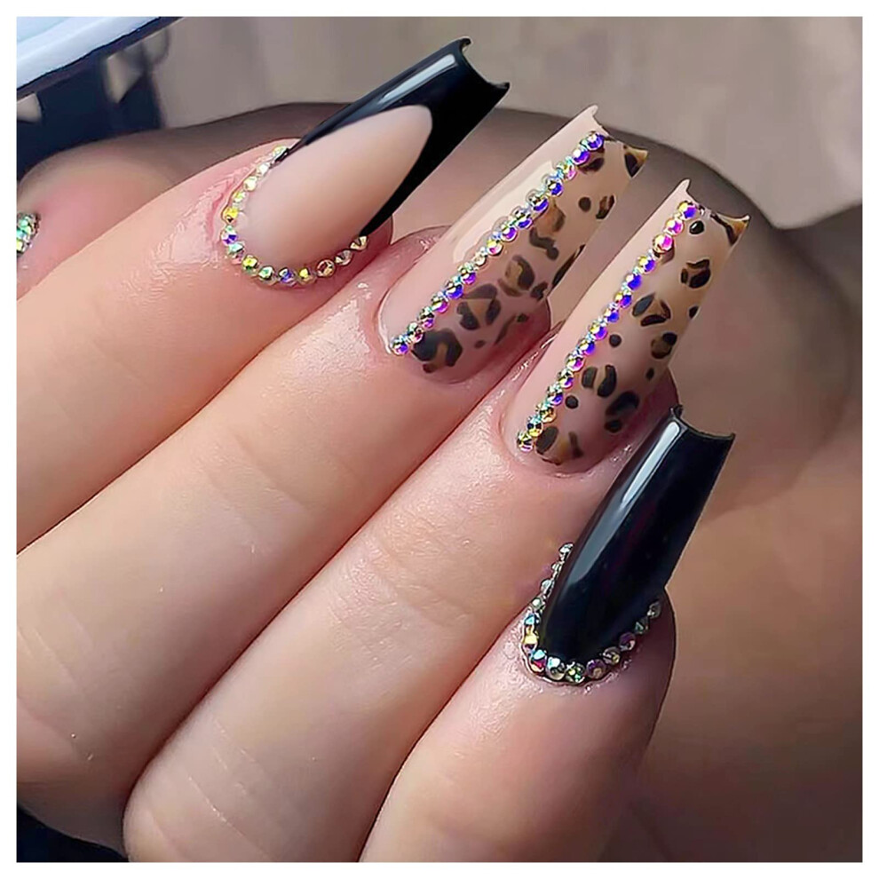 Press On Nails Leopard Print with Rhinestones Glossy French Tip Acrylic False Nails Ballerina Set