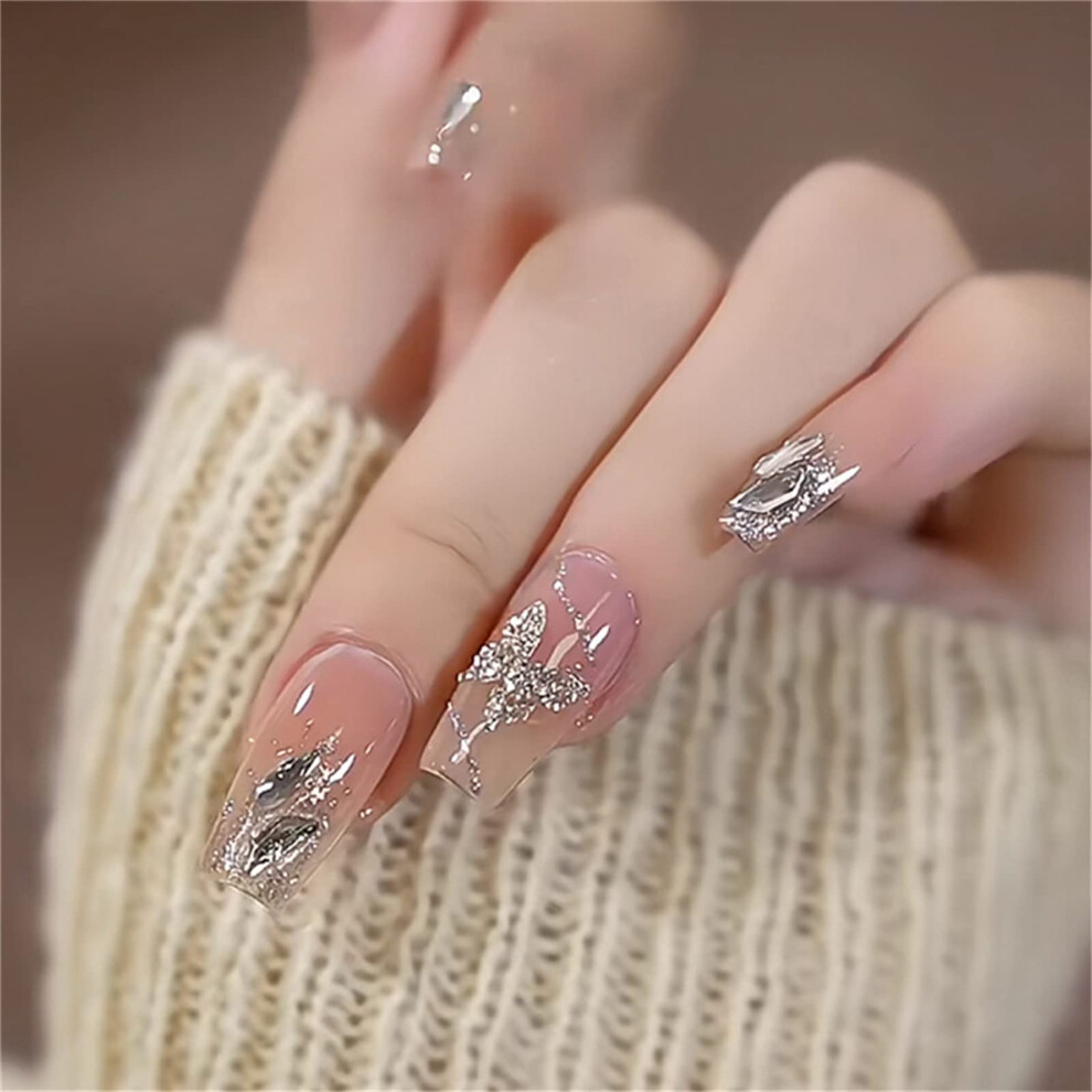 24pcs Glitter Butterfly Long Coffin Press on Nails with Glue, Full Cover Fake Nails for Women