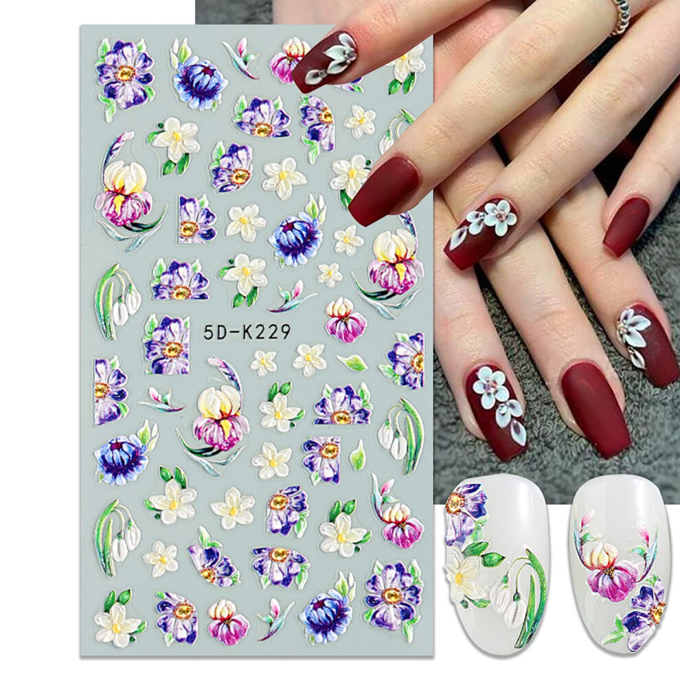 5D Flower Nail Art Stickers with Embossed Daisy Butterfly Design for DIY Manicure Decorations