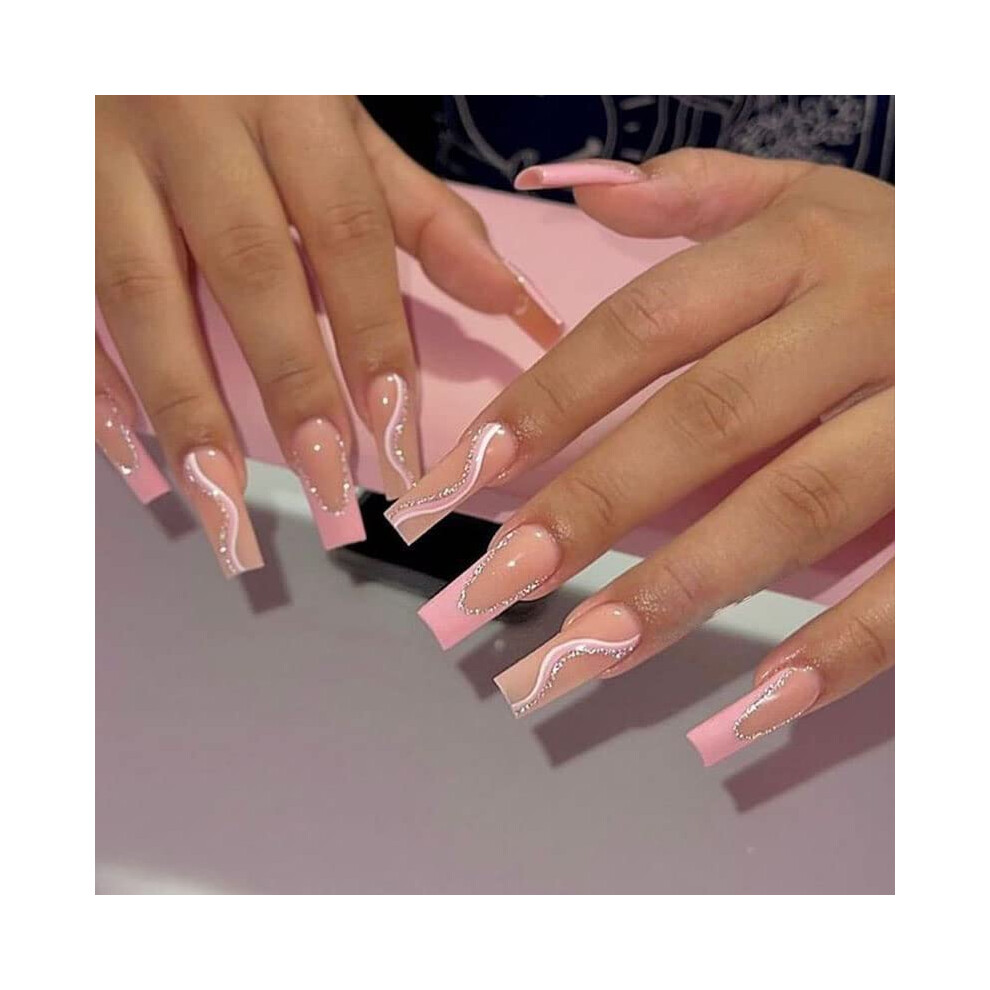 Long Square Pink Press On Nails Glossy Acrylic False Nails Set for Women 24PCS