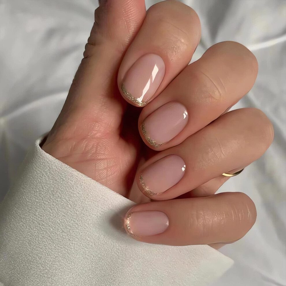 Short Square Nude Pink Press on Nails with Glue, Glossy French Tip Fake Nails with Golden Edge